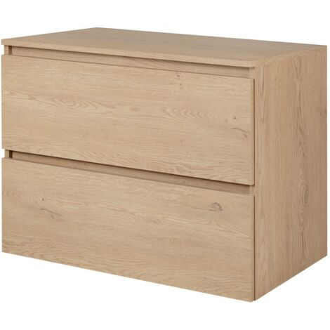 Meuble suspendu sous vasque SIMPLE chêne clair avec le plan 80 cm - 2 tiroirs effet bois
