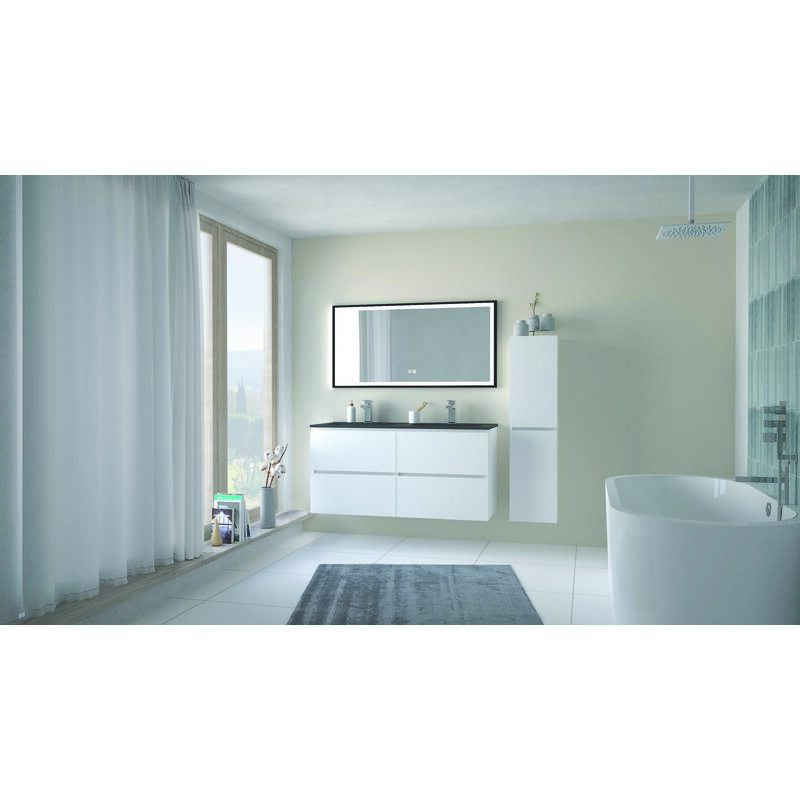 Meuble salle de bain à suspendre TRENDY - 120cm -4 tiroirs - Blanc mat- Plan noir