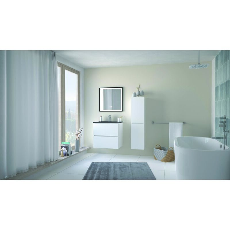 Ondee - Meuble salle de bain à suspendre trendy - 80cm -2 tiroirs - Blanc brillant- Plan noir
