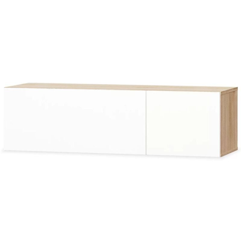 Meuble télé buffet tv télévision design pratique aggloméré 120 cm chêne et blanc brillant