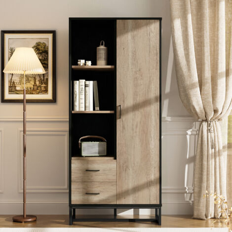 Meuble-télé moderne 80x40x180 cm – aspect bois avec cadre noir, porte, 2 tiroirs et 3 étagères ouvertes – Rangement polyvalent pour salon, bureau et entrée