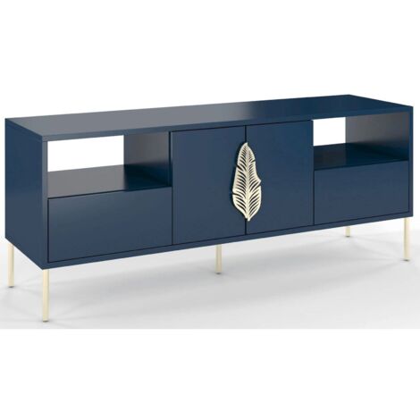 Meuble télévision Merlin 136 x 40 x 60 cm Bois - Bleu marine et doré