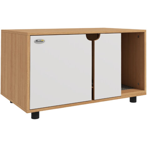 Meuble toilette chat 2-en-1 sur pieds style scandinave 80x48x48 cm bois naturel et blanc