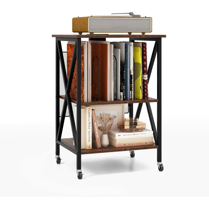 Meuble Tourne-Disque Vinyle avec Prise, Table d’Appoint à Roulette avec Station de Charge, 2 Prises, 2 USB, 1 Type-C, Bout de Canapé (Marron)