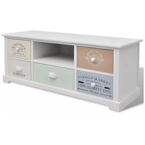 Meuble TV 1 niche 5 tiroirs bois paulownia massif blanc Frenchy