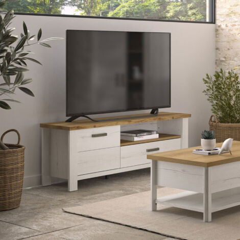 Meuble TV 1 porte 1 tiroir 170x45x61 cm effet chêne blanchi - KAMPI