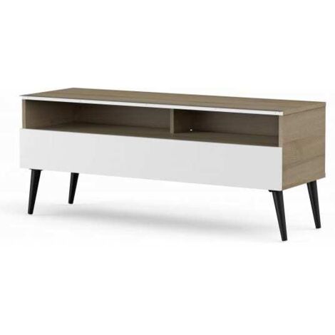 Meuble TV 1 porte 2 niches bois clair et blanc Solna 120 cm
