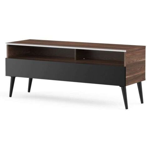 Meuble TV 1 porte 2 niches bois foncé et noir Karlstad 120 cm