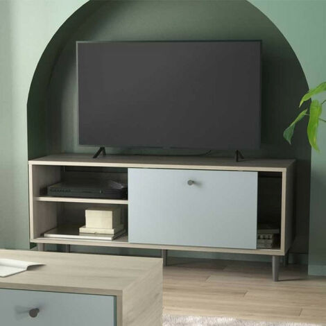 Meuble TV 1 porte 2 niches Vert/Chêne - TYARI - Dimensions : L 110 x l 39 x H 47 cm - Bois clair