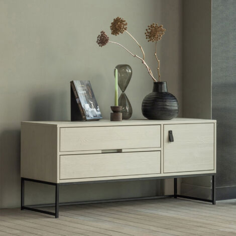 Meuble TV 1 porte 2 tiroirs 120x44x54 cm en pin taupe
