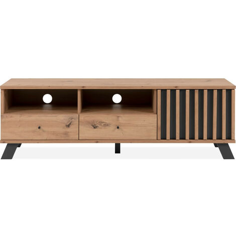 Meuble TV 1 porte 2 tiroirs effet chêne 138 cm - Flavia