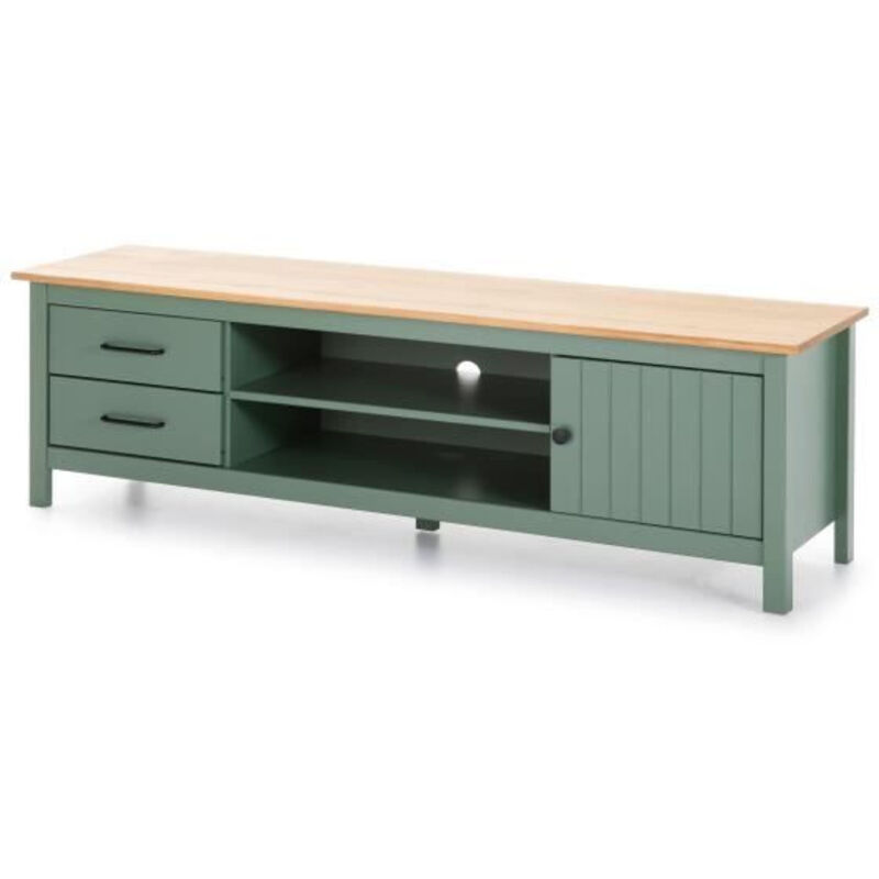 Meuble TV en bois massif 1 porte 2 tiroirs pin vert et miranda 158x40x47H