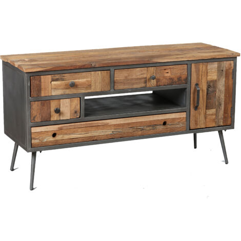 Meuble TV 1 porte et 4 tiroirs en bois et métal gris - OAKLAND