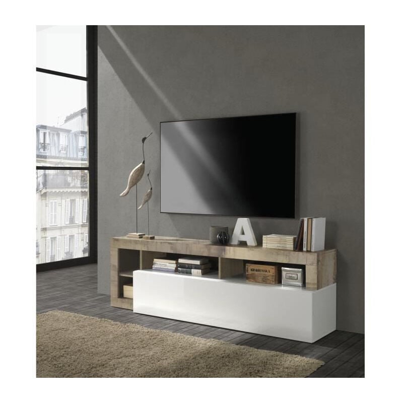 Les Tendances - Meuble tv 1 porte - Finition Blanc Laque et Effet Bois Vintage - l 184 x p 42 x h 56 cm - maestro