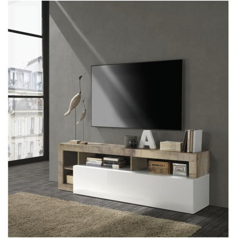 Les Tendances - Meuble tv sefro - 1 porte et 4 niches - Blanc laqué et chêne