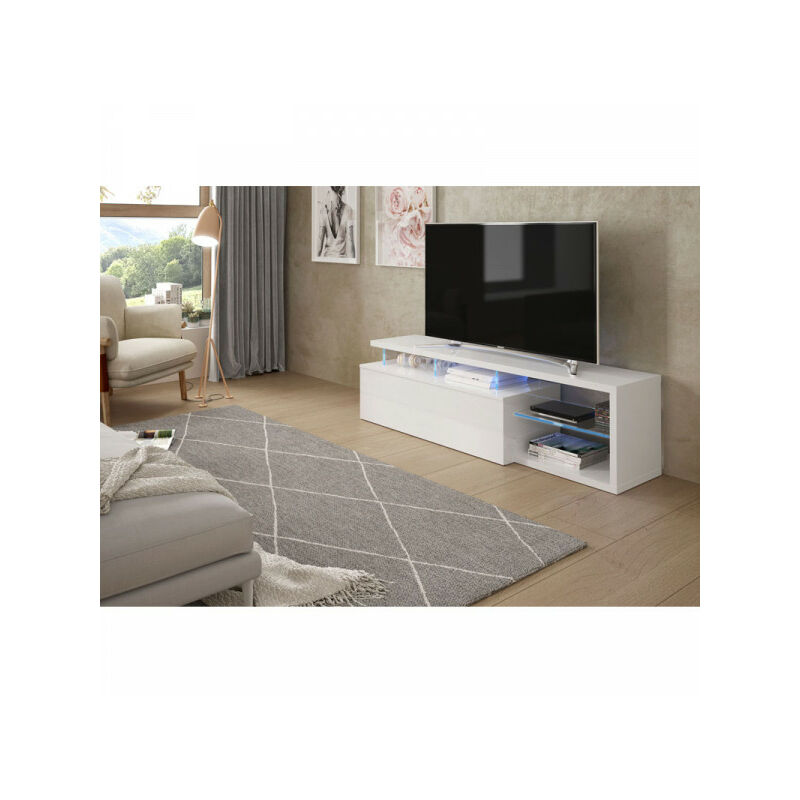 Dansmamaison - Meuble TV 1 porte à LEDs Blanc - WANGA - L 150 x l 41 x H 43 cm - Blanc