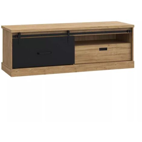 Meuble TV 1 tiroir 1 porte coulissante décor chêne et noir mat - FARM