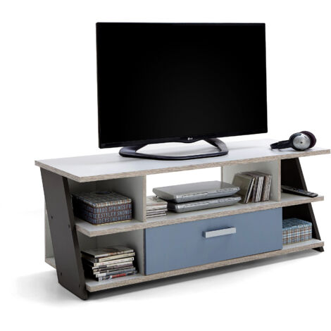 Meuble TV 1 tiroir 135 cm chêne grisé et bleu clair - KAPRA