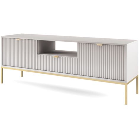 Meuble TV : 1 tiroir, 2 portes, Gris, or, 154 × 56 × 39 cm, poignées dorées