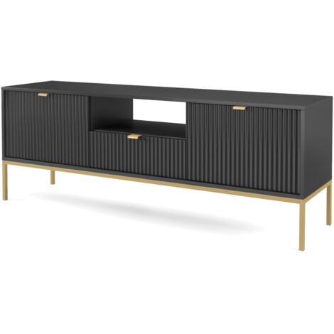 Meuble TV : 1 tiroir, 2 portes, Noir, or, 154 × 56 × 39 cm, poignées dorées