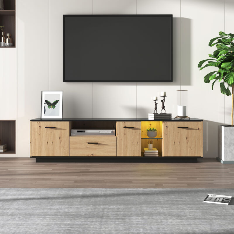Meuble tv bois noir, Meuble tv led avec1 tiroir, 3 portes, 2 compartiments ouverts en verre