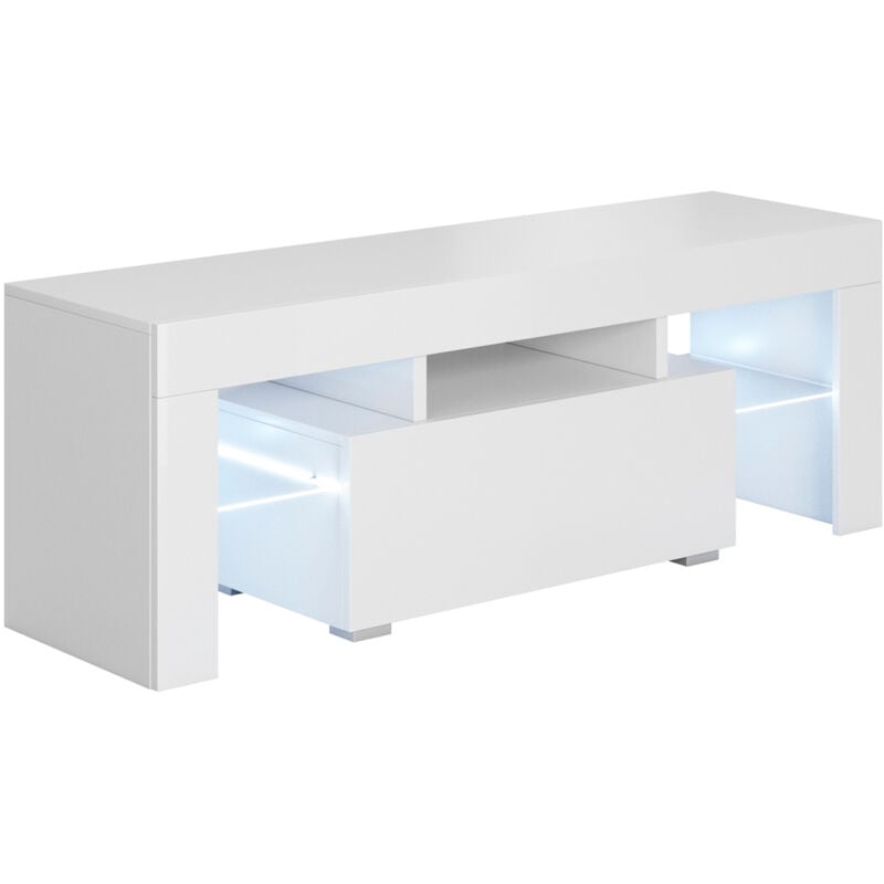 Muebles Bonitos - Meuble tv 1 tiroir Meuble tv de salon avec led 130x45x35cm Modèle Elio Blanc Finition brillante