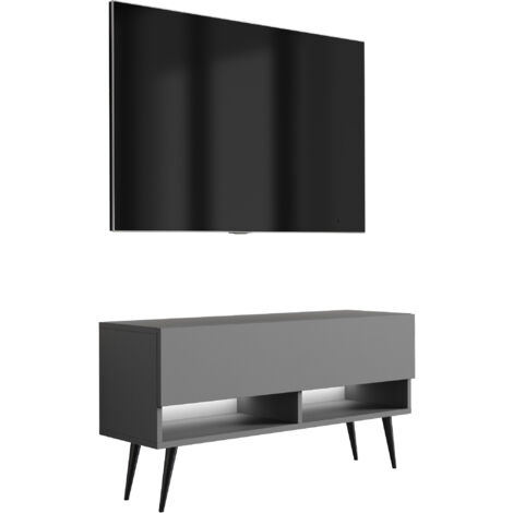 Meuble TV 100 cm Anthracite, pieds obliques noirs, LED blanche, 100 × 32 × 52 cm