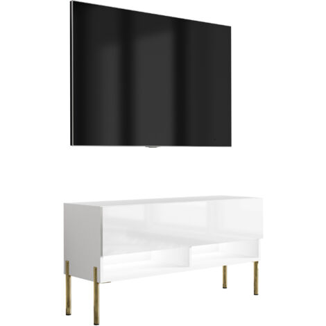 Meuble TV 100 cm Blanc Mat / Blanc Brillant, pieds droits dorés, LED blanche, 100 × 32 × 52 cm