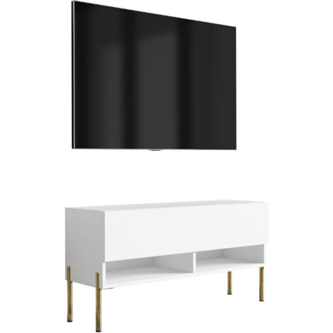 Meuble TV 100 cm Blanc Mat, pieds droits dorés, 100 × 32 × 52 cm