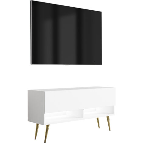 Meuble TV 100 cm Blanc Mat, pieds obliques dorés, LED blanche, 100 × 32 × 52 cm