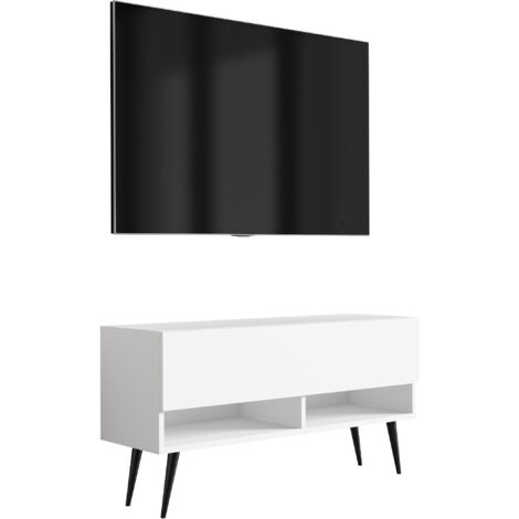 Meuble TV 100 cm Blanc Mat, pieds obliques noirs, 100 × 32 × 52 cm