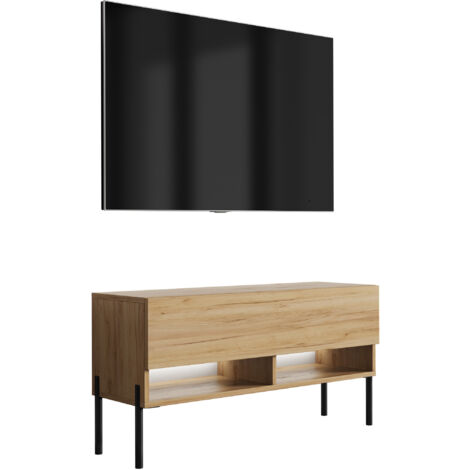 Meuble TV 100 cm Chêne Craft, pieds droits noirs, LED blanche, 100 × 32 × 52 cm