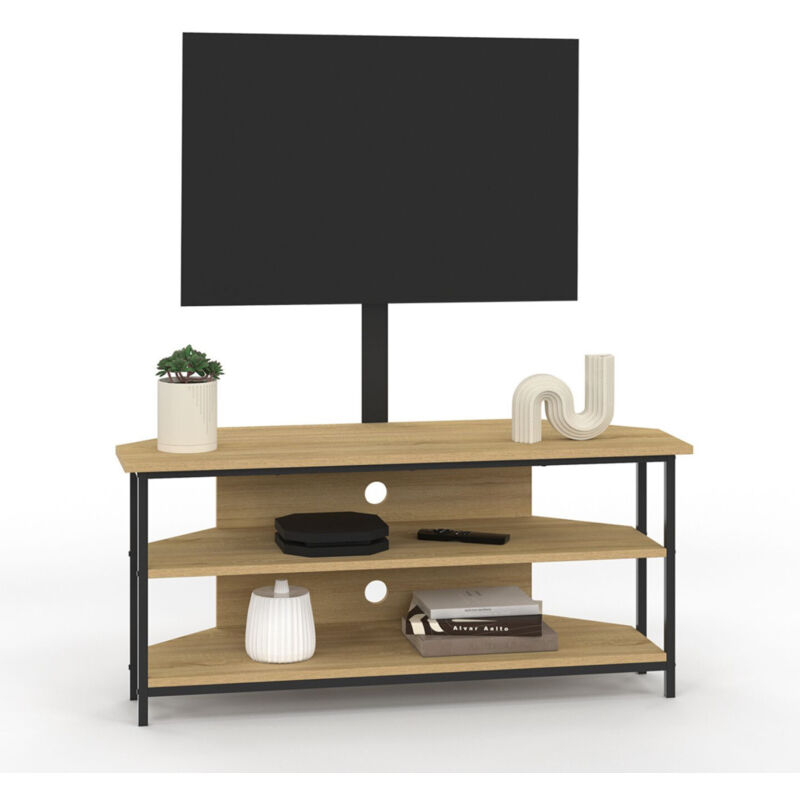 Idmarket – Meuble TV d'angle 100 cm avec étagères et support TV réglable 32-70 pouces – Panneaux de particules et métal noir – Design industriel