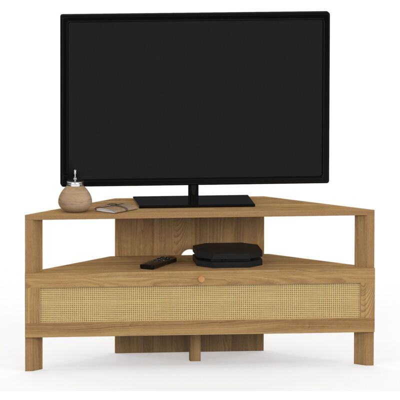 Meuble TV 100 cm d'angle HANAE 1 porte effet naturel cannage