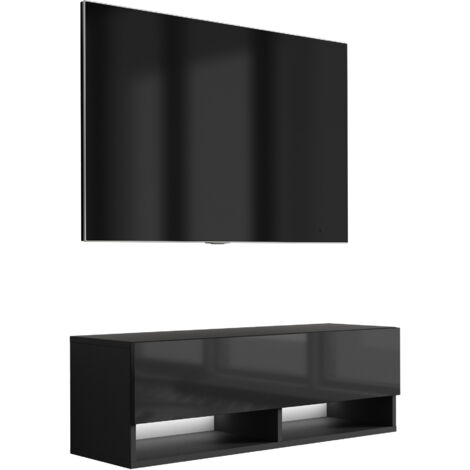 Meuble TV 100 cm Noir Mat / Noir Brillant, LED blanche, 100 × 32 × 34 cm