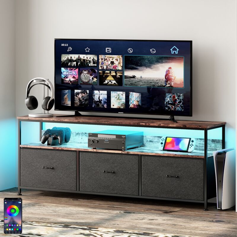 Dans Les Nuages - Meuble tv 108 cm, avec 3 tiroirs de rangement, étagères, cadre en métal, rectangulaire, industriel vintage, meuble salon en bois