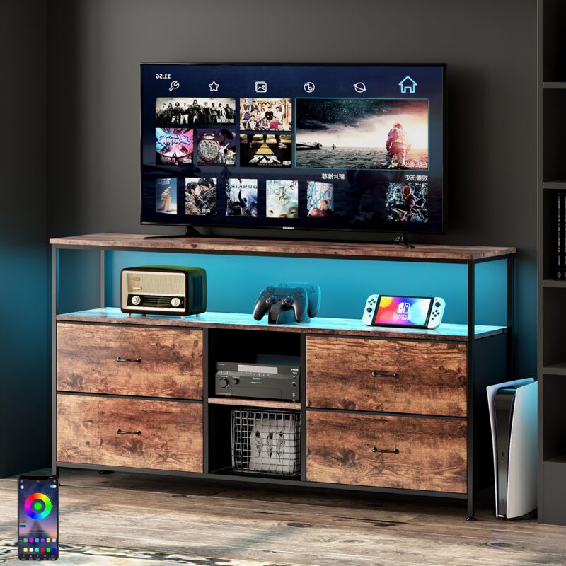 Meuble tv 108 cm, avec 4 tiroirs de rangement, étagères, cadre en métal, rectangulaire, industriel vintage, meuble salon en bois - Marron