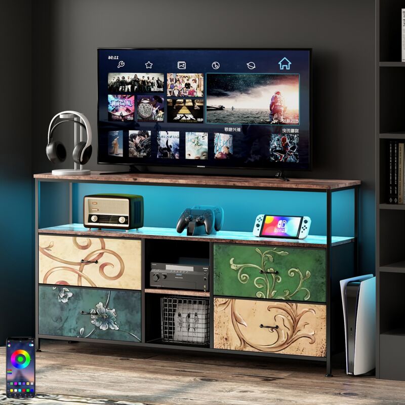 Dans Les Nuages - Meuble tv 137 cm, avec 4 tiroirs de rangement, étagères, cadre en métal, rectangulaire, industriel vintage, meuble salon en bois