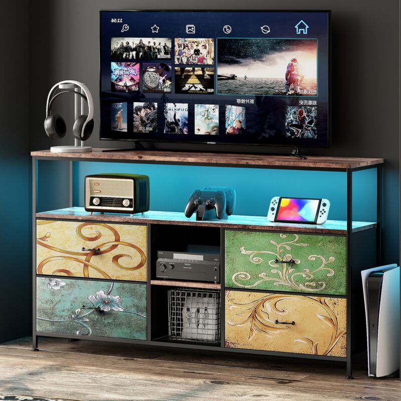 Meuble TV 108 cm, avec 4 tiroirs en chintz coloré, séparateurs de rangement ouverts, éclairage LED réglable, plateau en peau de tigre, meuble tele
