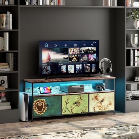 NMONET Meuble TV 108 cm, avec éclairage LED, 3 tiroirs, structure en métal, style rétro industriel - Multicouleur