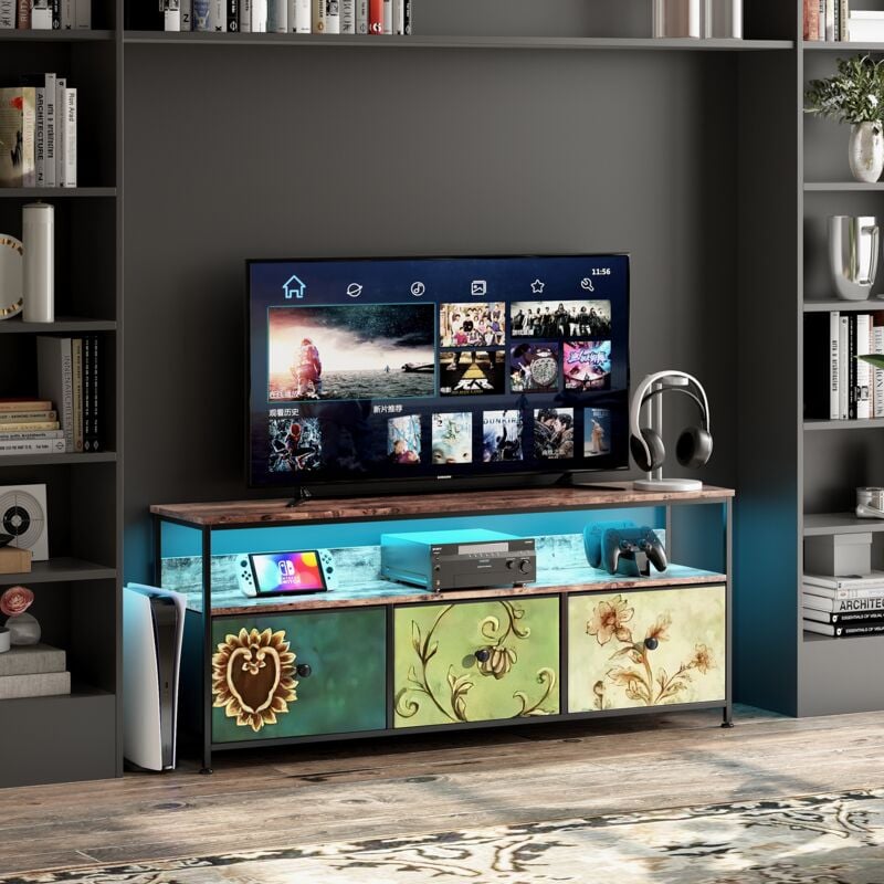 Nmonet - Meuble tv 108 cm, avec éclairage led, 3 tiroirs, structure en métal, style rétro industriel - Multicouleur