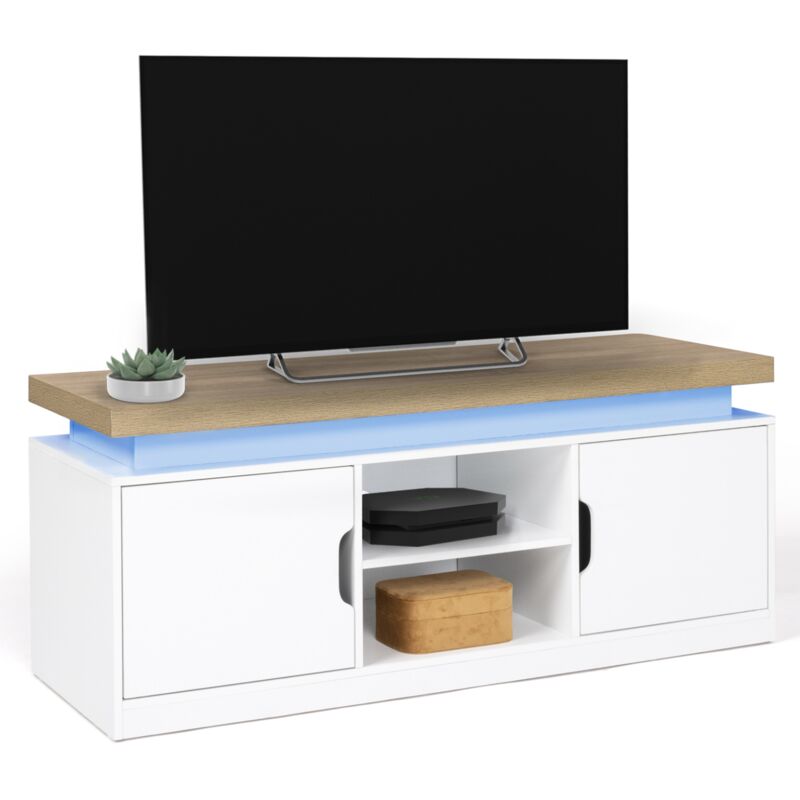 Meuble tv 110 cm 2 portes luna à leds blanc et plateau effet bois