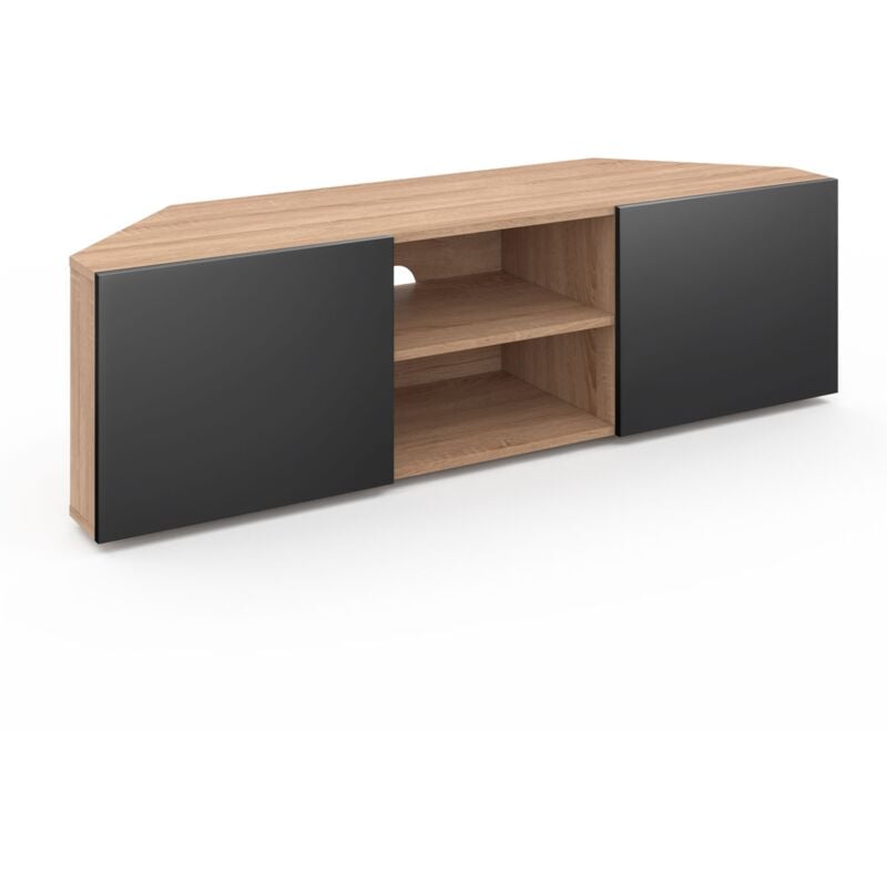 Meuble TV 110 cm d'angle ELI bois façon hêtre portes noires