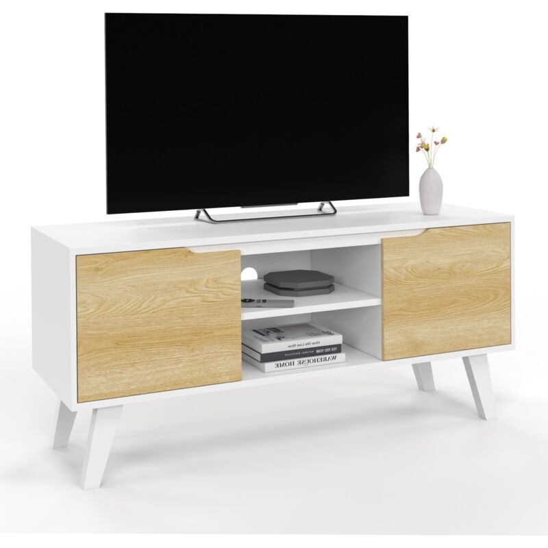 Idmarket – Meuble TV 110 cm blanc – 2 portes façon hêtre – Panneaux de particules et pieds en bois de pin – Pour TV jusqu'à 40 pouces