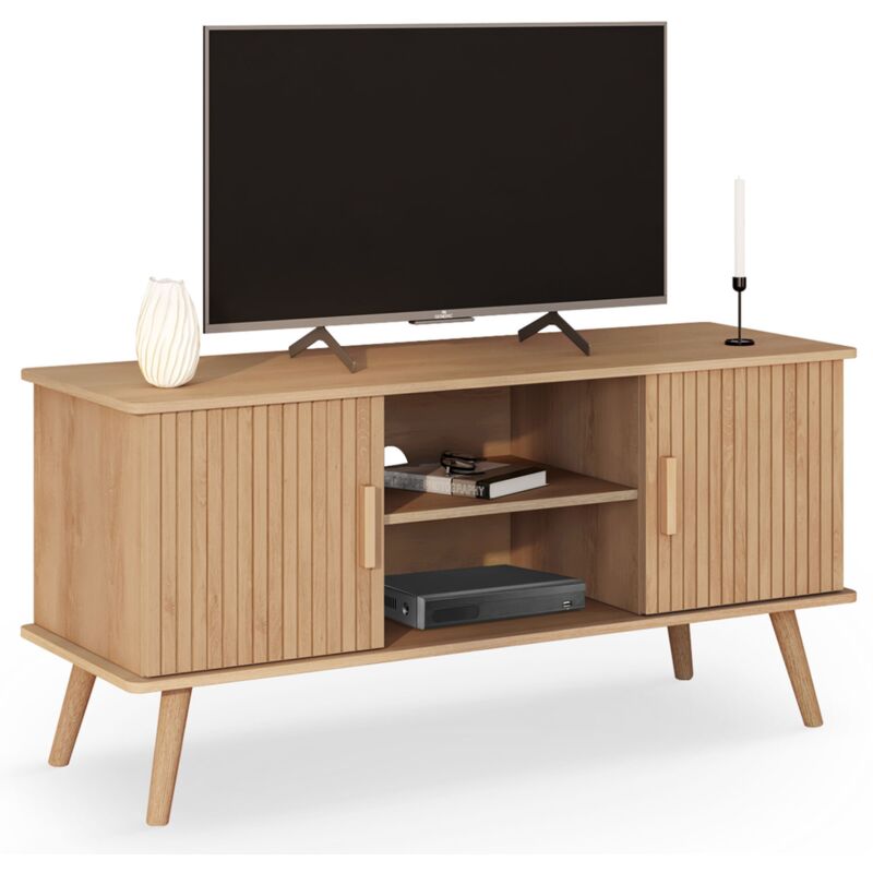 Meuble tv 110 cm juliette 2 portes lattes tasseau bois coloris chêne