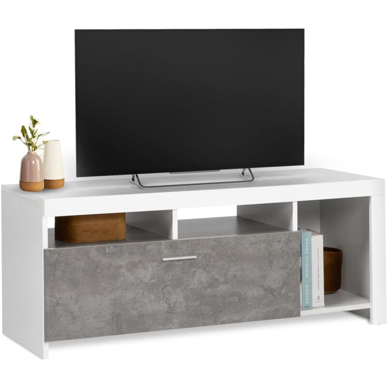 Meuble tv 110 cm malo blanc et placard effet béton