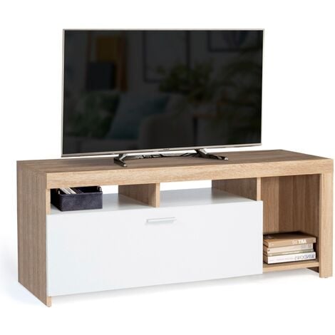 IDMARKET Meuble TV 110 cm MALO bois et placard blanc