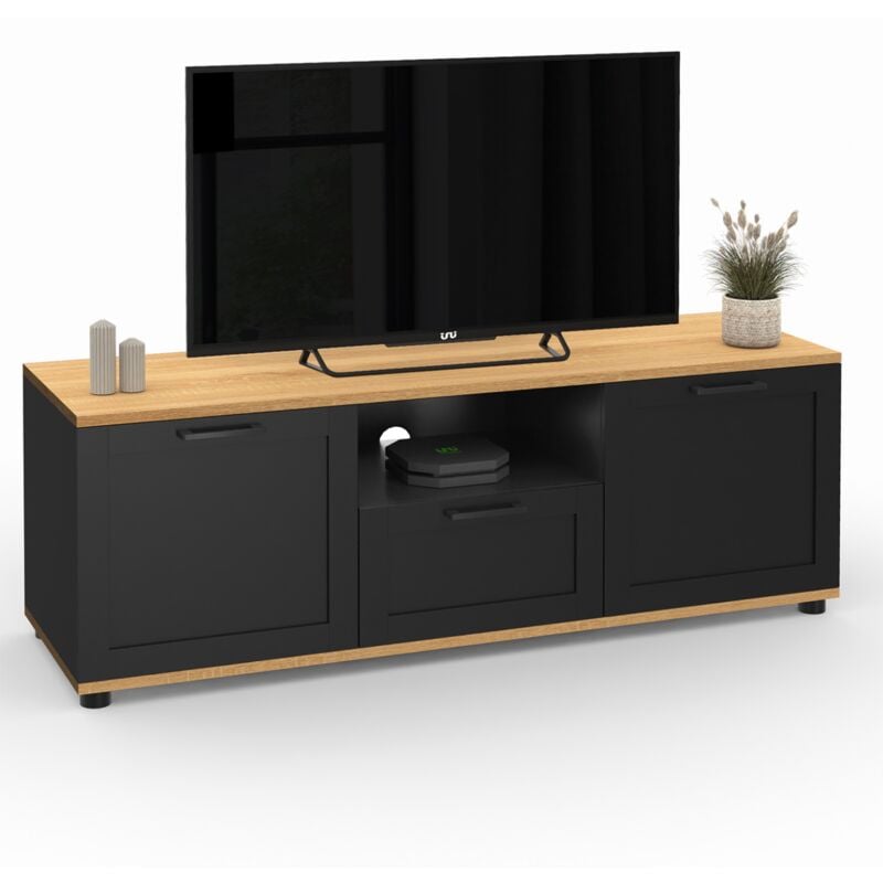 Meuble tv 110 cm vito avec tiroir et niche noir et bois