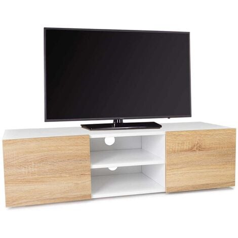 IDMARKET Meuble TV 113 cm ELI blanc portes façon hêtre