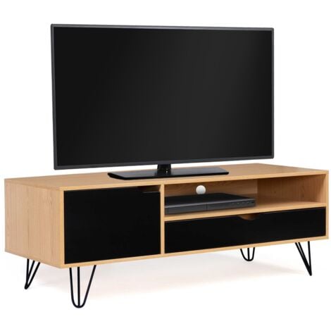 Meuble TV 113 cm vintage NOEMI 1 porte 1 tiroir bois pied épingle